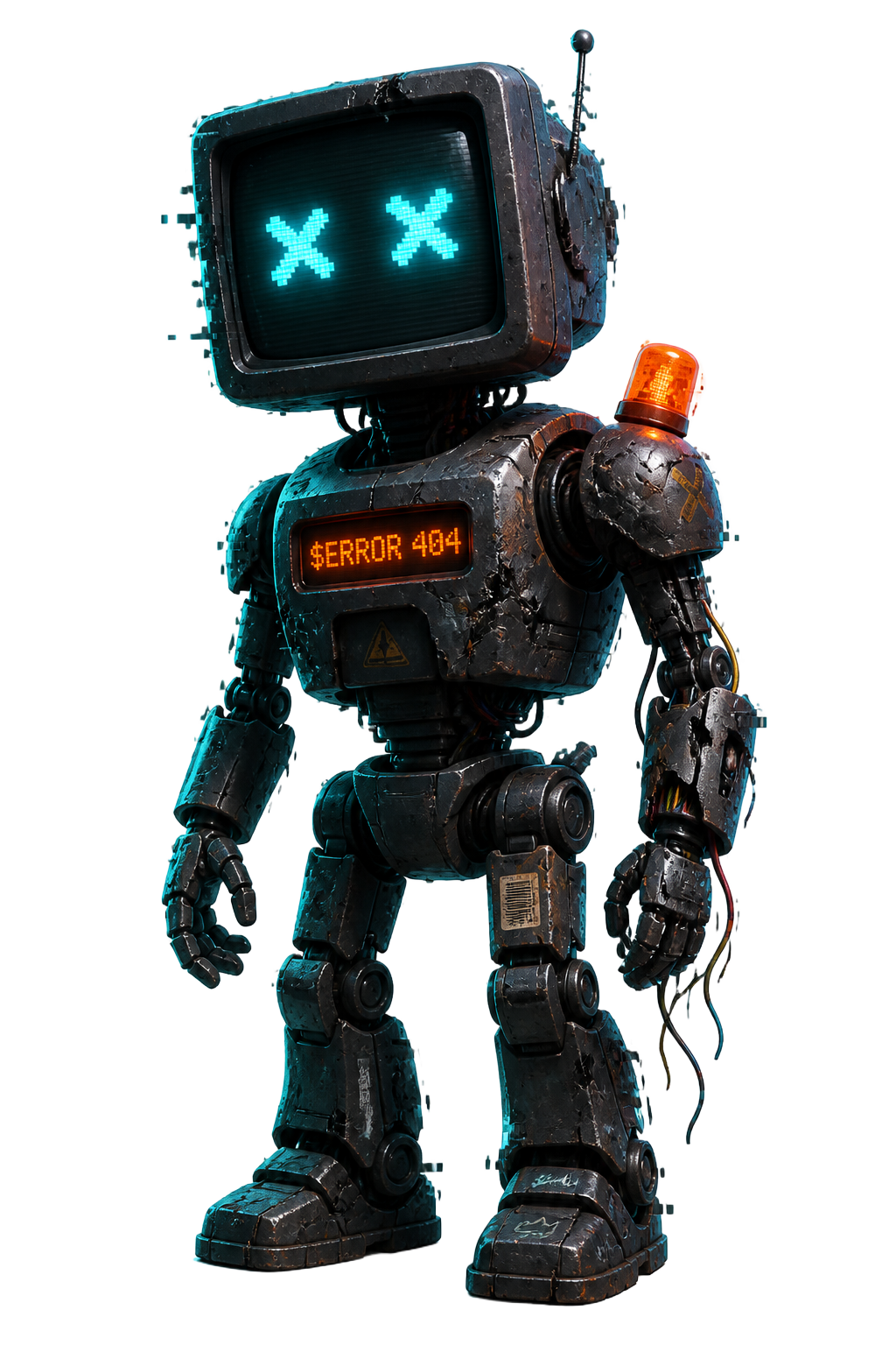 404 COIN mascot: damaged CRT robot with glowing cyan X eyes and an $ERROR 404 chest panel